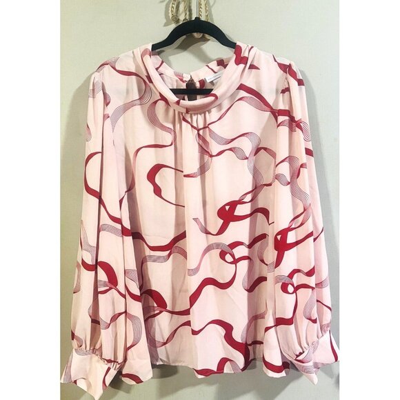 NEW Liz Claiborne Womens Pink Red Swirl Blouse 1X Scoop Neck Long Button Sleeves - Picture 1 of 2